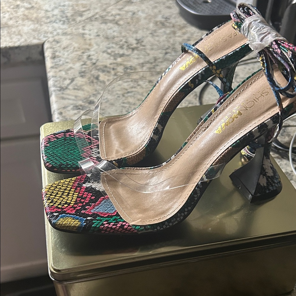 Topia Colorful Snakeskin Heels with Clear Strap